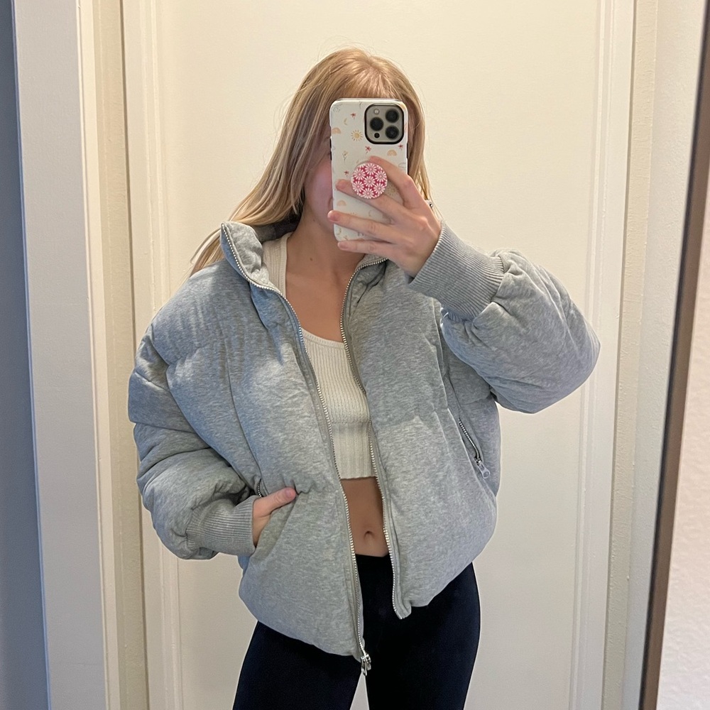 gray jersey puffer jacket